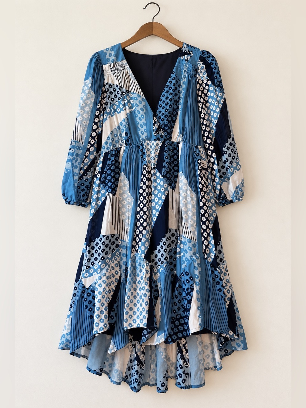 Eva Franco Indigo Patchwork High/Low Hem Dress | Coastal Boho NWT 12 #1027
